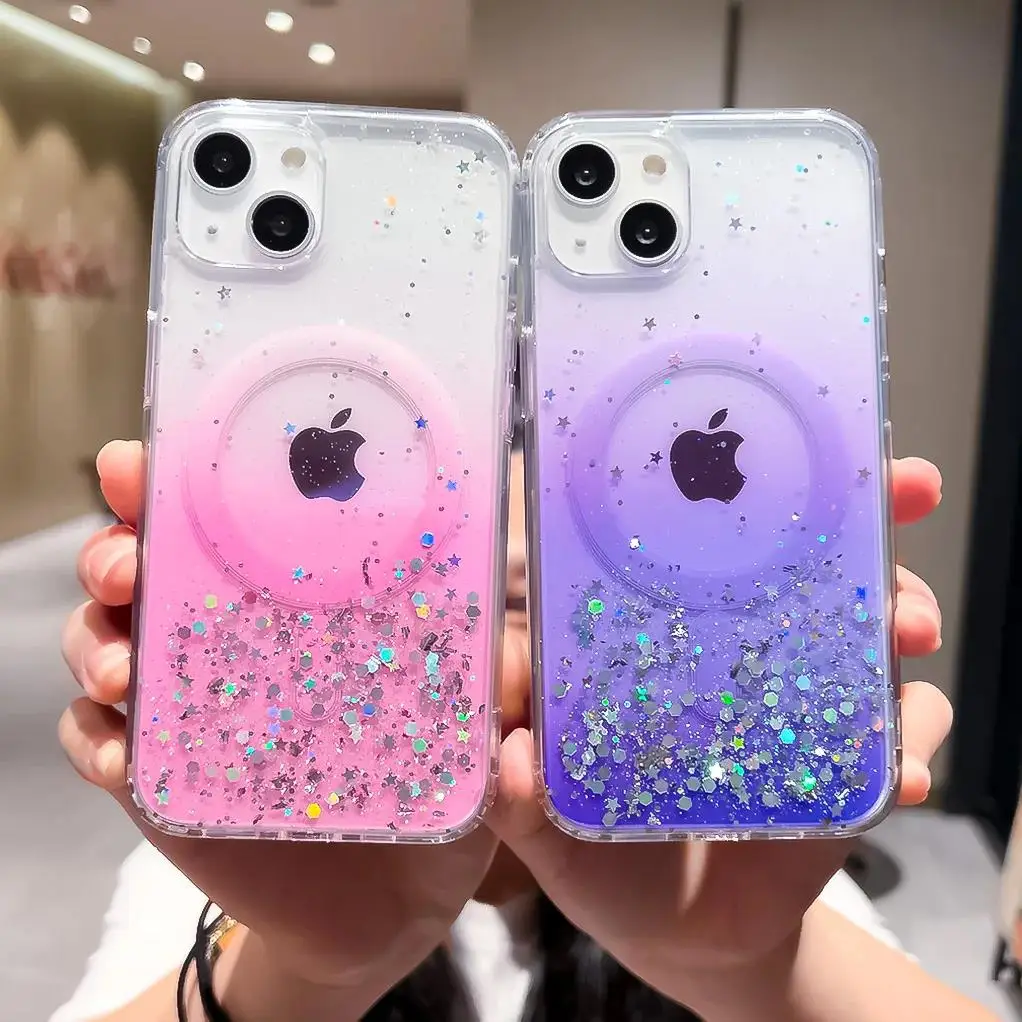Luxury Wireless Charging Magnetic Glitter Transparent Phone Case For iPhone 11 12 13 14 15 16 Pro Max XS X XR 7 8 Plus Mini