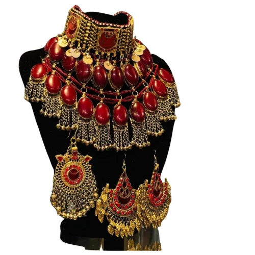 BOHO AFGHANI ETHNIC STUD EARRINGS FOR WOMEN GOLD COLOUR GYPSY GOLD INDIAN AFGHANI NECKLACE SETS PASHTUN CULTURAL WOMEN JEWELRY