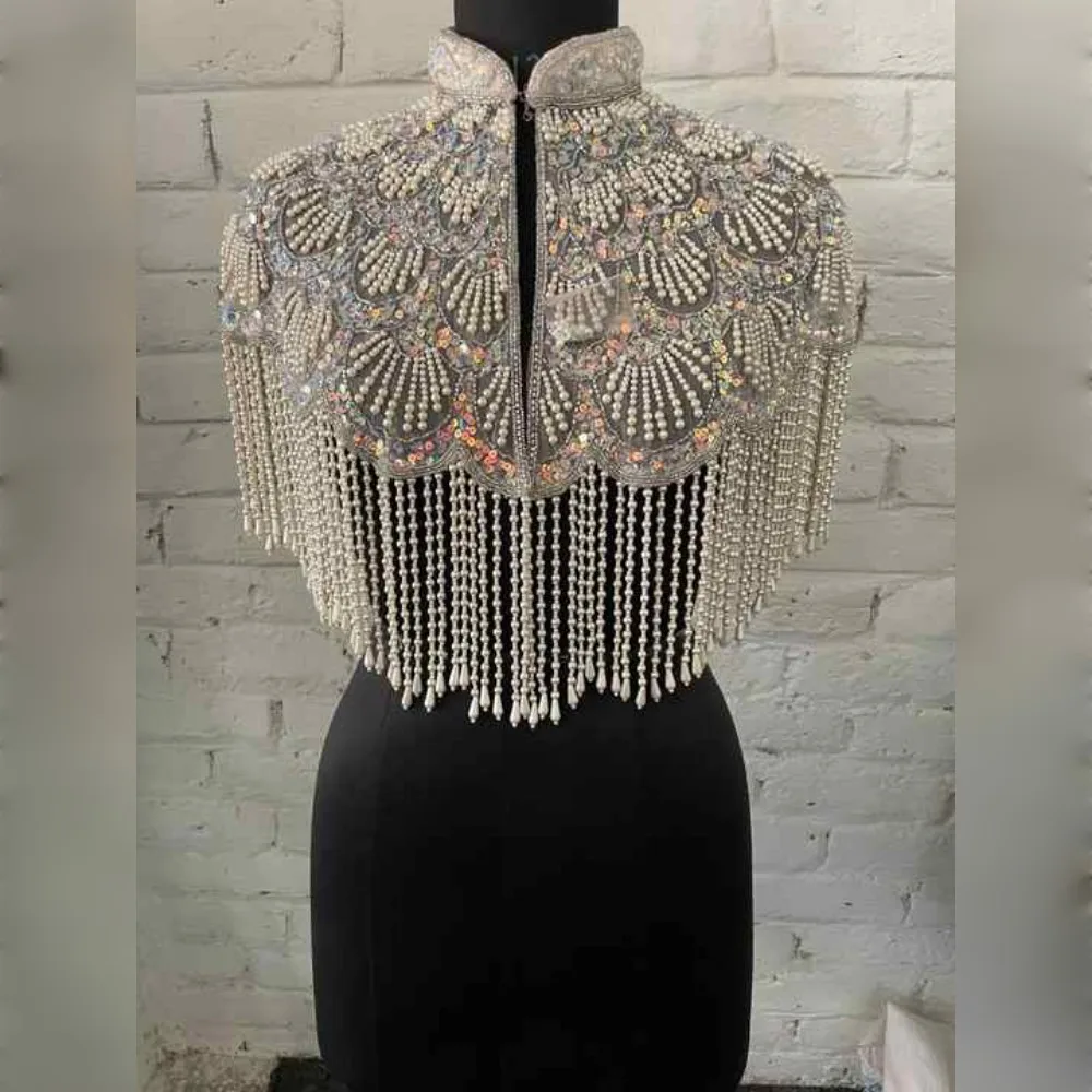 Beaded and Sequined Burlesque Cape Strands Hanging Down Fastens at the Neck Beautiful Festive Clothes Festival Capes
