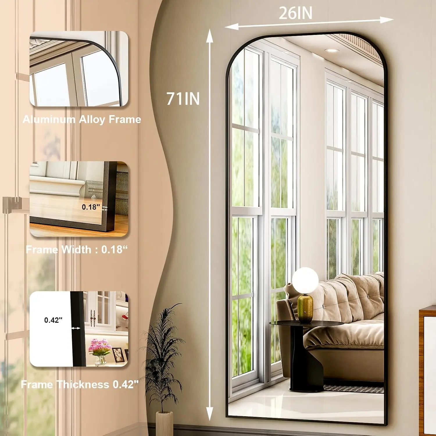 Black full body mirror with round aluminum frame hanging or tilted wall and floor mirror, with bracket, suitable for living room