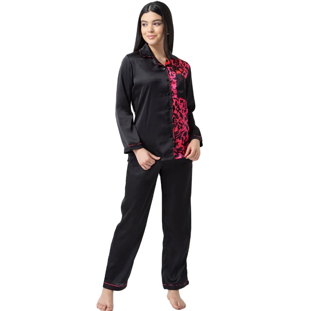 Custom Summer black long Sleeve Plus Size Silk Pajama Set, Ladies Tops trouser Satin Sleepwear Pajama Set Women