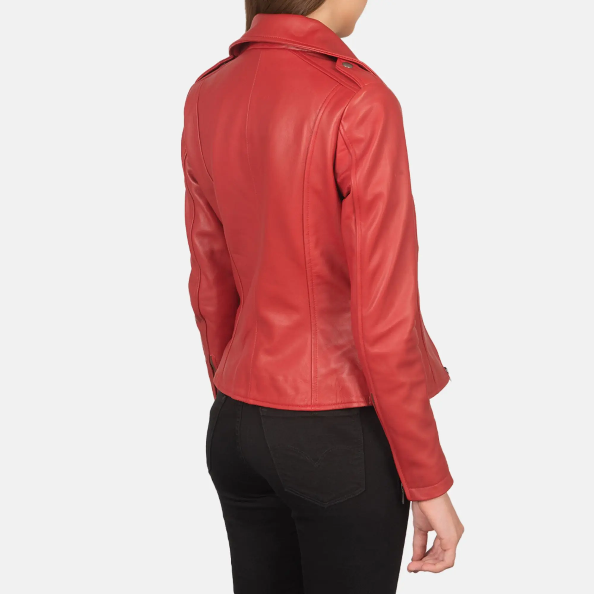 Real Leather Sheepskin Aniline Zipper Flashback Red Women Biker Jacket with Quilted Viscose Lining and Inside Outside Pockets