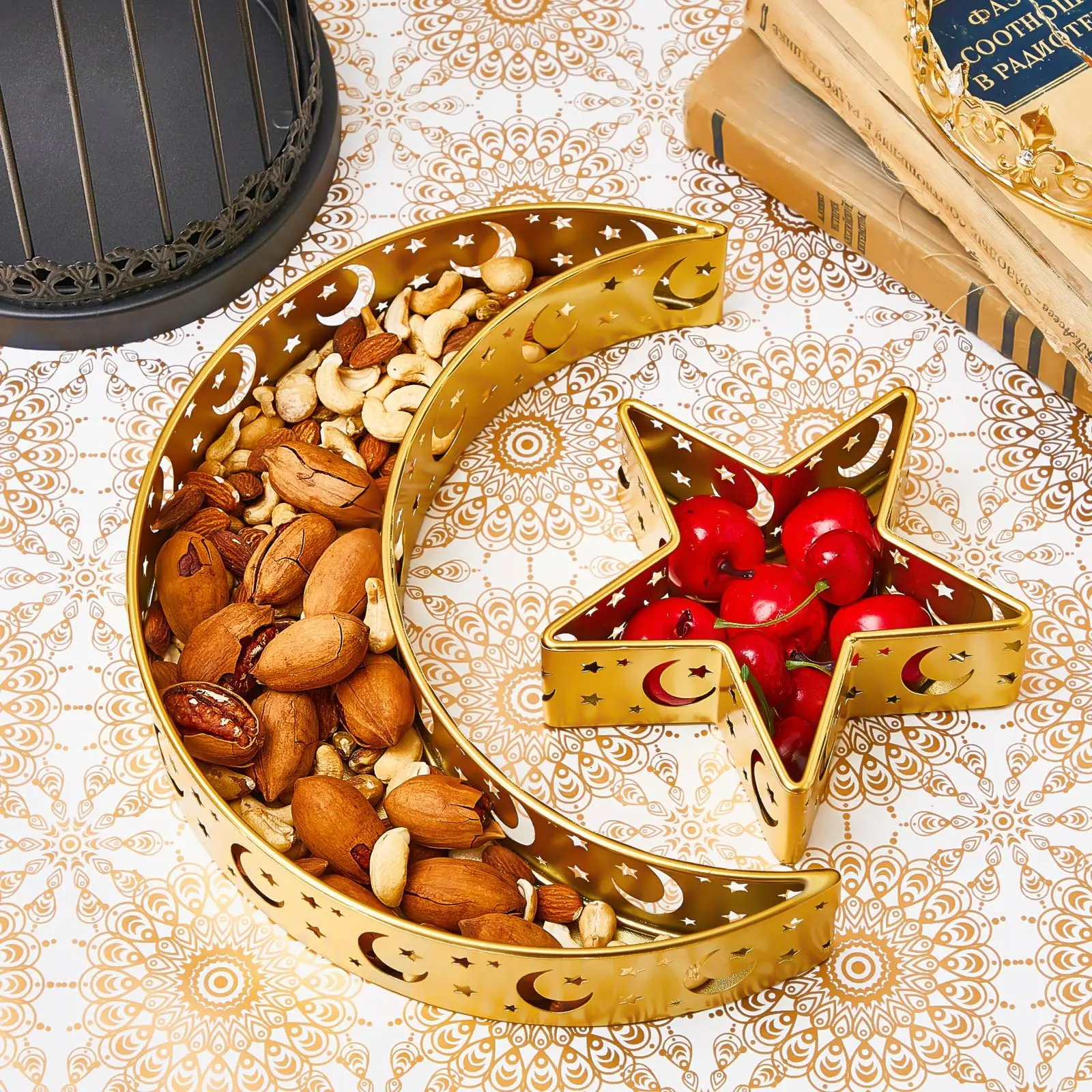 2 Pcs Eid Mubarak Gold Moon Star Dinner Plate Tray Ramadan Serving Tray Muslim Star and Moon Islamic Dessert Pastry Tray