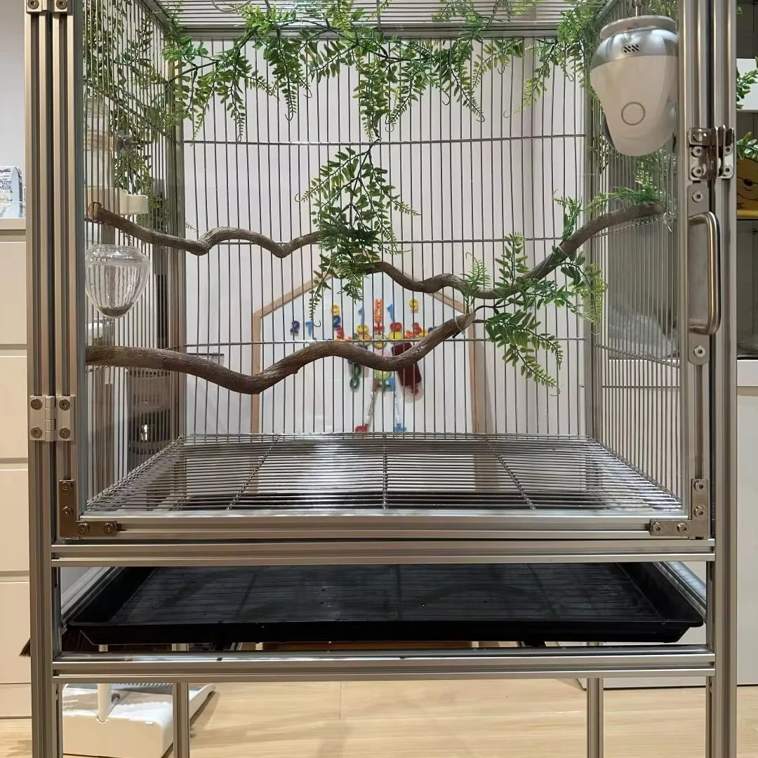Spacious Anti-Rust Large Aluminum Alloy Cage for Birds Enclosure Complete Set with Surveillance Camera and Faux Wood Perches