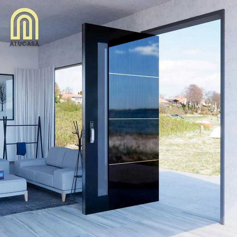 Alucasa Hurricane Custom Villa Big Luxury Black Entry Modern Stainless Steel Front Entrance Pivot Door