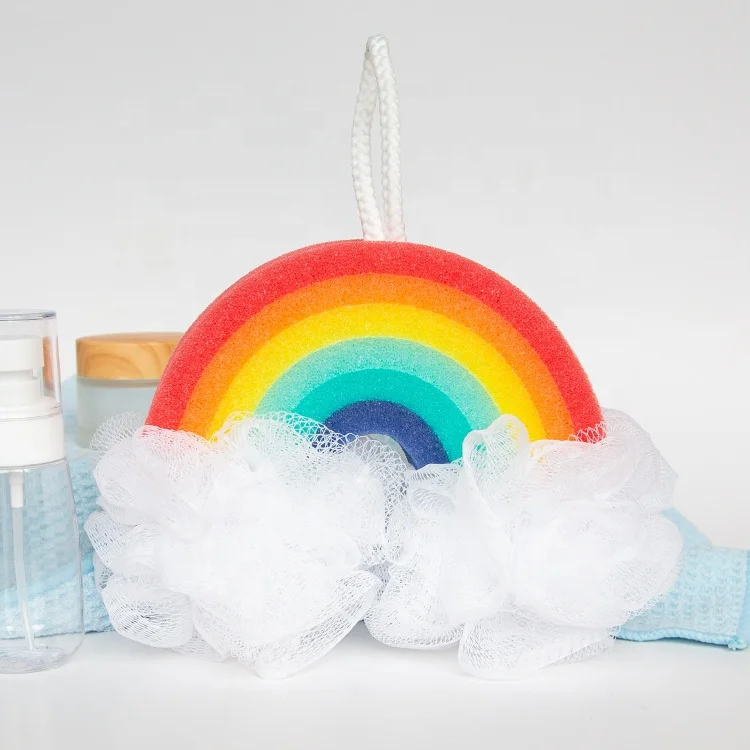 Manufacturer Bathing Accessories Safe-Material Loofah Mesh Bath Ball Sponge Soft Rainbow Kids Exfoliating Bath Sponge For Baby