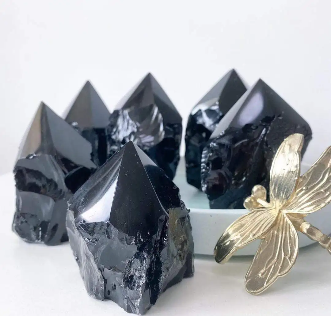 Black Obsidian Top Polished Raw Point With Rough Base Black Obsidian Point and Tower for Decoration