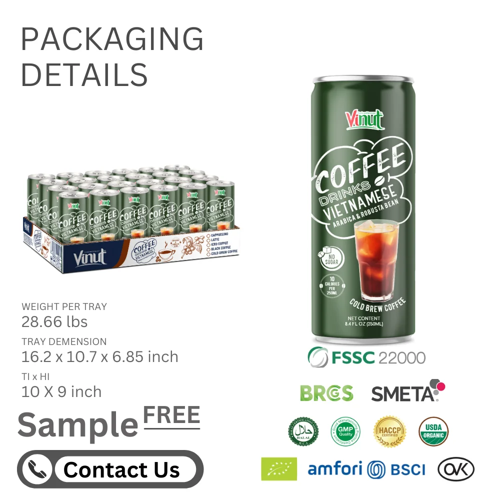 Private Label OEM - 100% Natural Arabica & Robusta Bean 250ml Iced Coffee Can Drink - Free Sample - Wholesale Beverage Vietnam