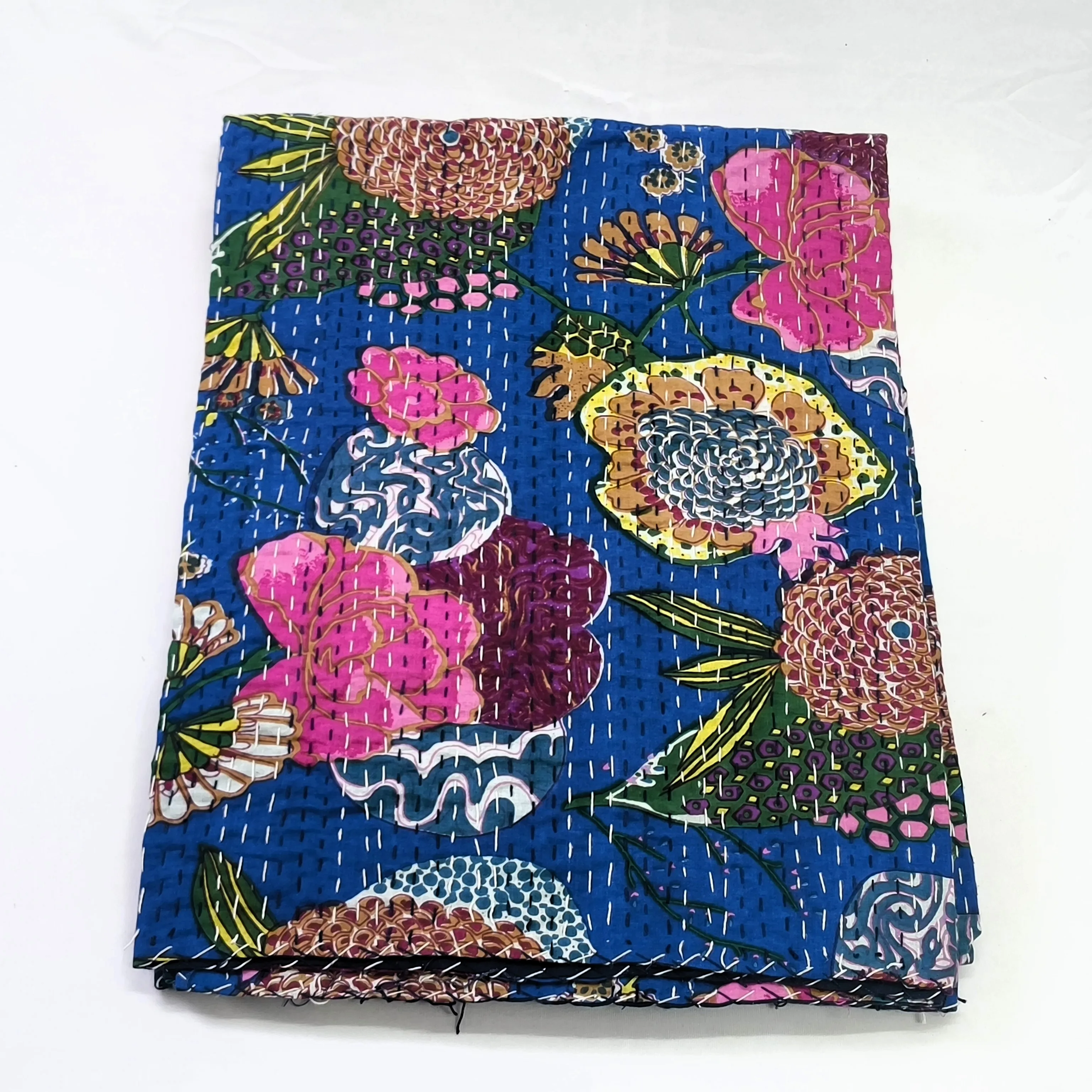 Indian Wholesaler of Handmade Quilt Vintage Tropicana Fruit Print Cotton Kantha Bedspread Blanket