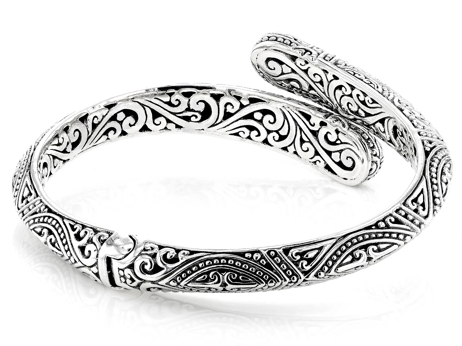 Filigree Bypass Hinged Cuff Bracelet Rhodium Over Sterling Silver | Exquisite Craftsmanship Jewelry | Elegant & Intricate Design