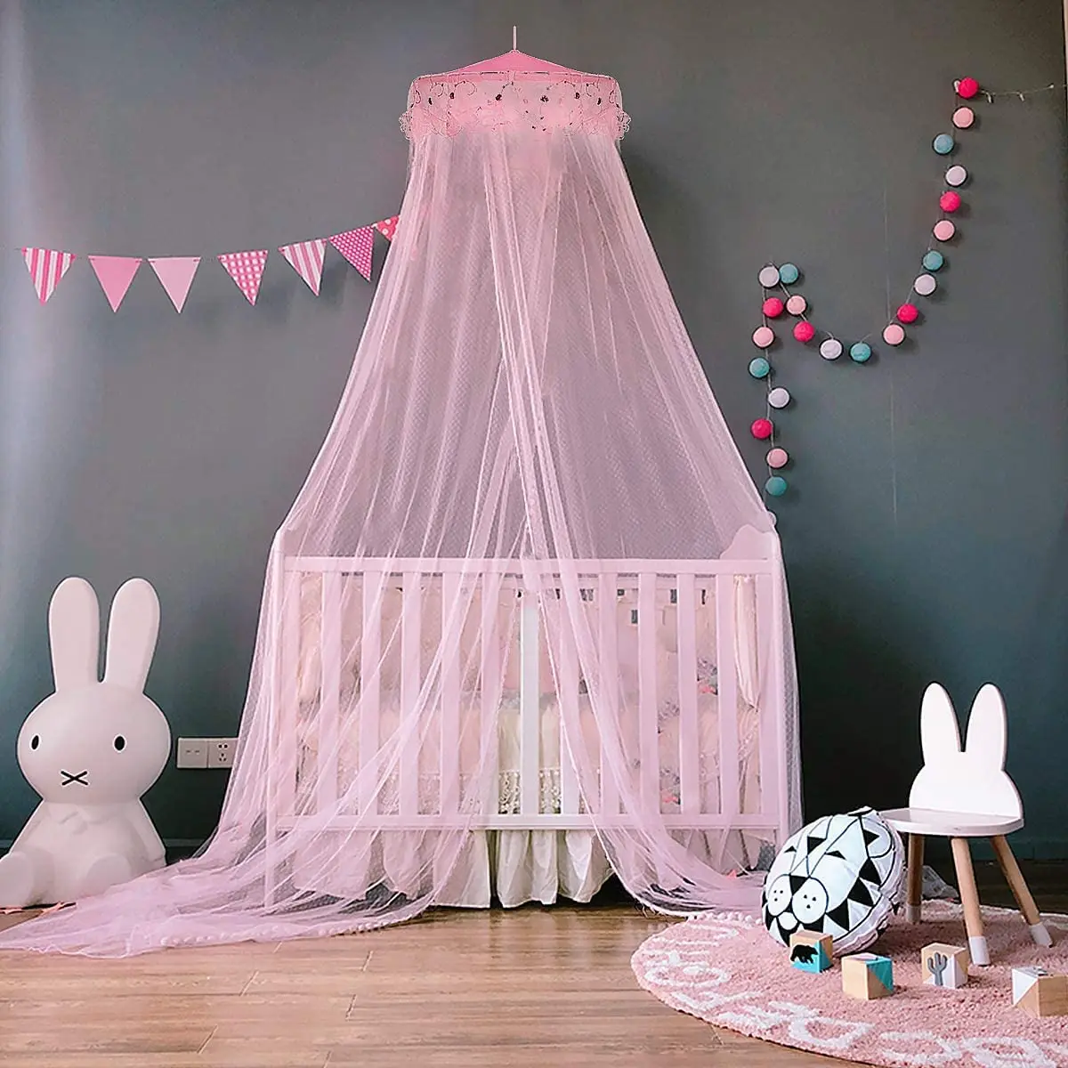 Princess Pink Mosquito Mesh Net for Bed Large Dome Hanging Bed Canopy for Girls with Round Lace  for Punch-free Installation