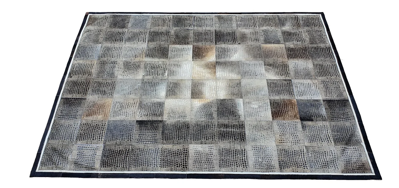 High Quality Laser Engraved Grey and Black Real Cowhide Leather Hair-on Handmade Cow Fur Leather Area Rug And Carpets For Home