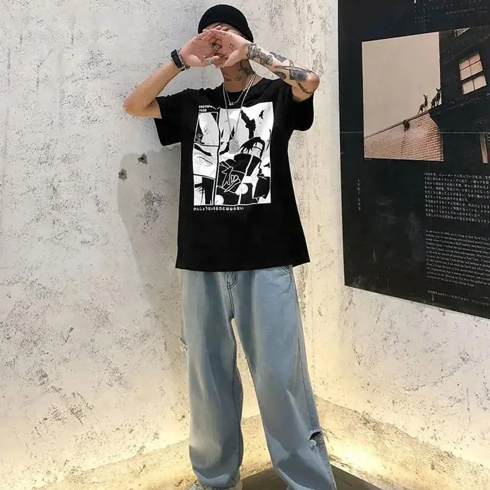 Custom Logo Printed Cotton Men T-Shirt Vintage Street Oversized Shoulder Drop Shoulder Graphic Anime Print T Shirts For Men