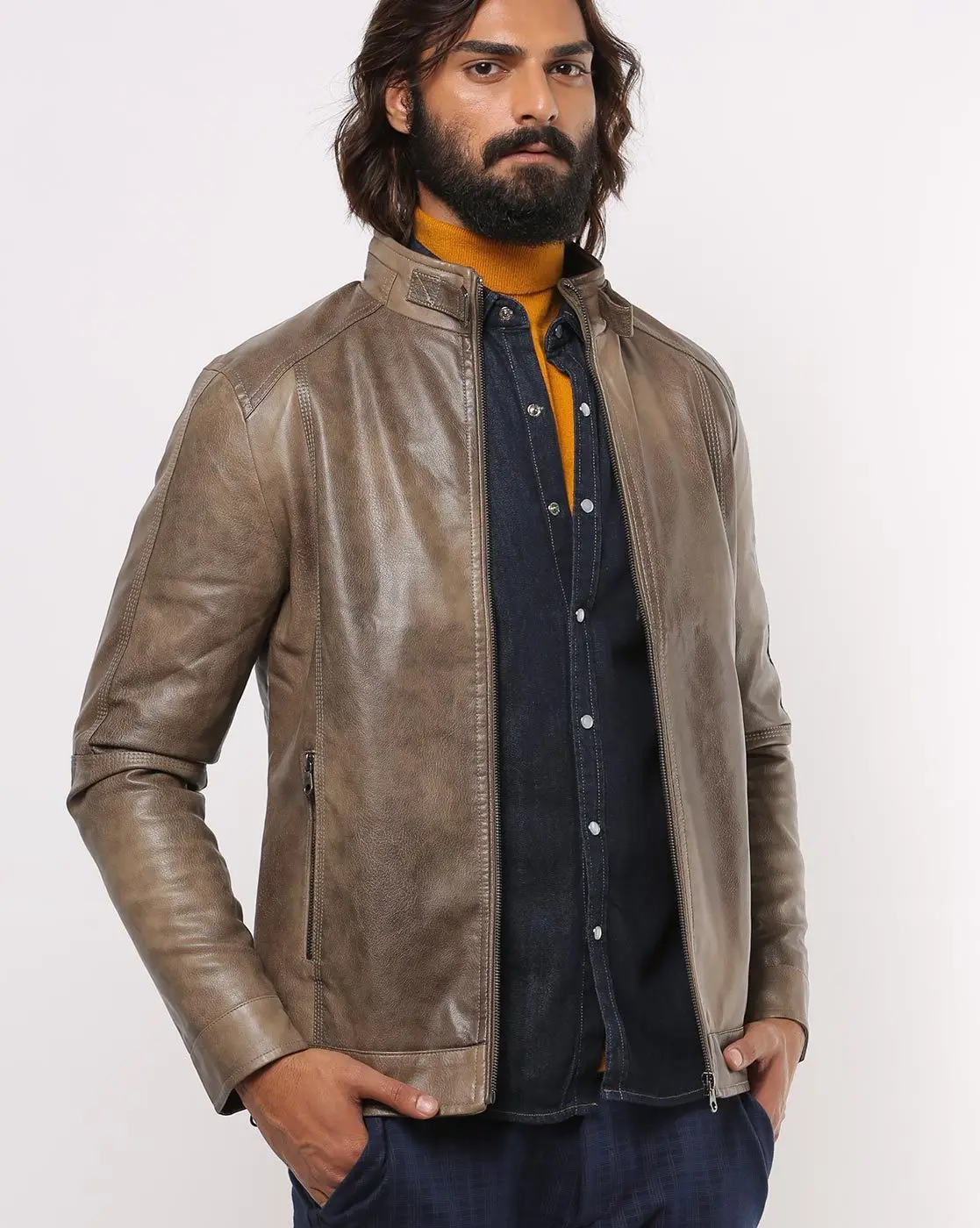 Paneled Slim Fit Zip-Front Genuine Goatskin Leather Biker Jacket For Men Fashion 2022 Clothing