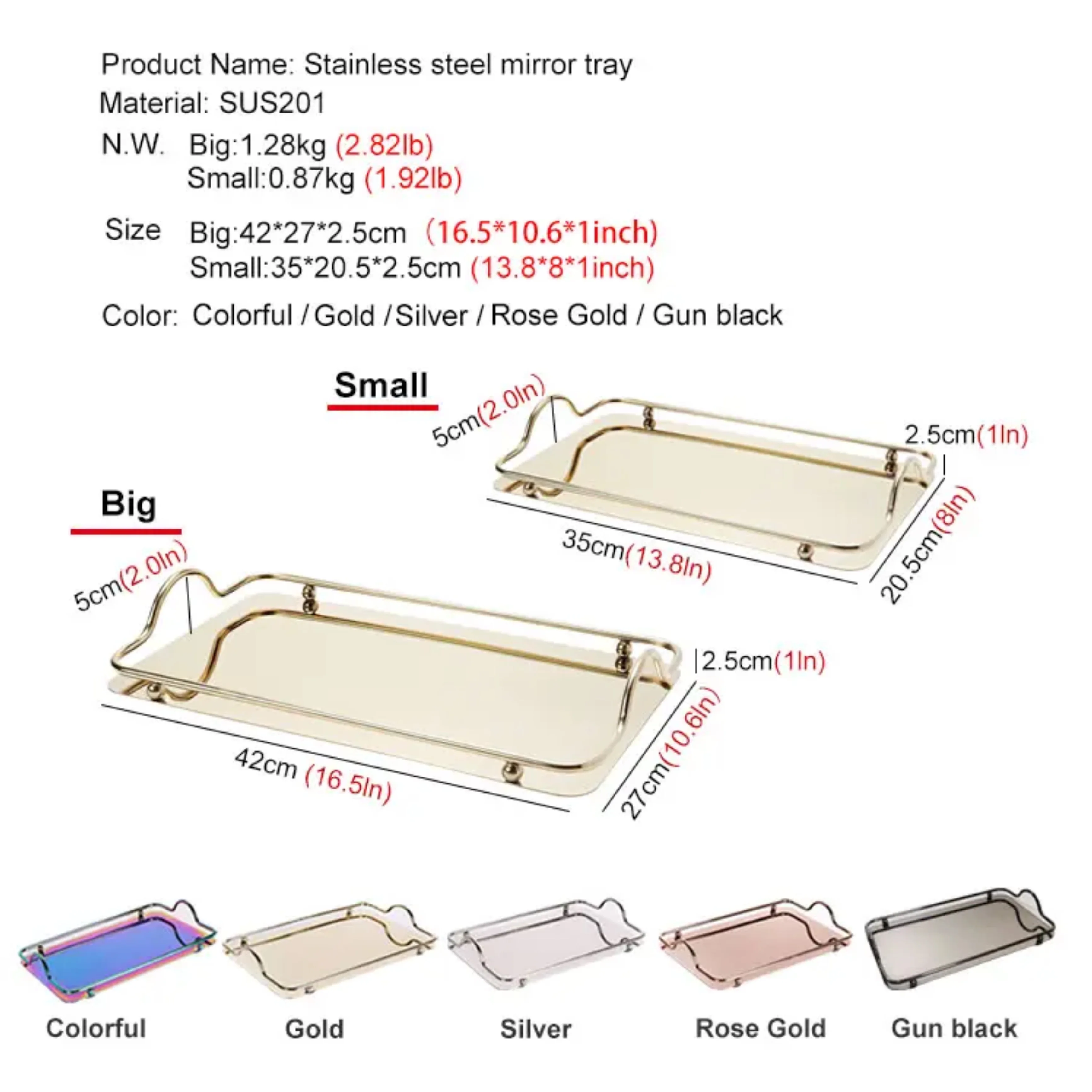 Luxury Antique Metal Serving Rectangle Decorative Trays Mirror Finished with Metal Handles for Hotels and Home