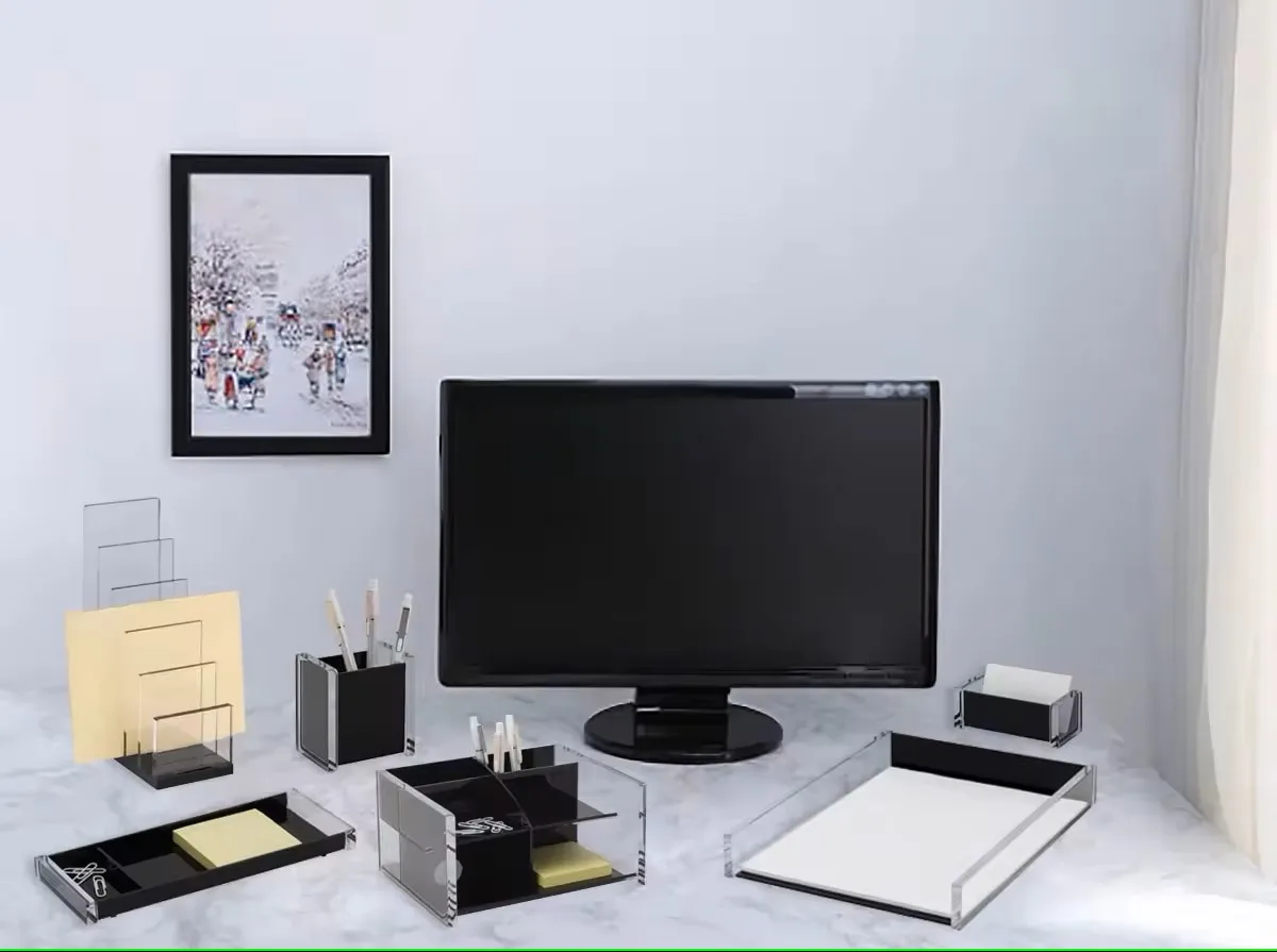 Elegant Black Acrylic Desk Organizer with Multiple Compartments for Paper and Pen Storage