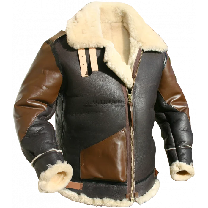 Best quality High Quality Winter Sheepskin Brown Men Jacket Aviator Bomber Shearling Bomber Vintage Leather Jacket For Men