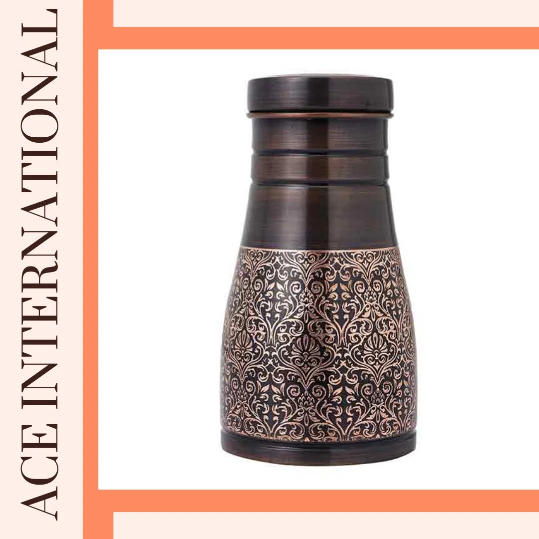 Buy Pure Copper Bedside Carafe with Etching Floral Designed 1Liter Capacity for Ayurveda Health Benefits