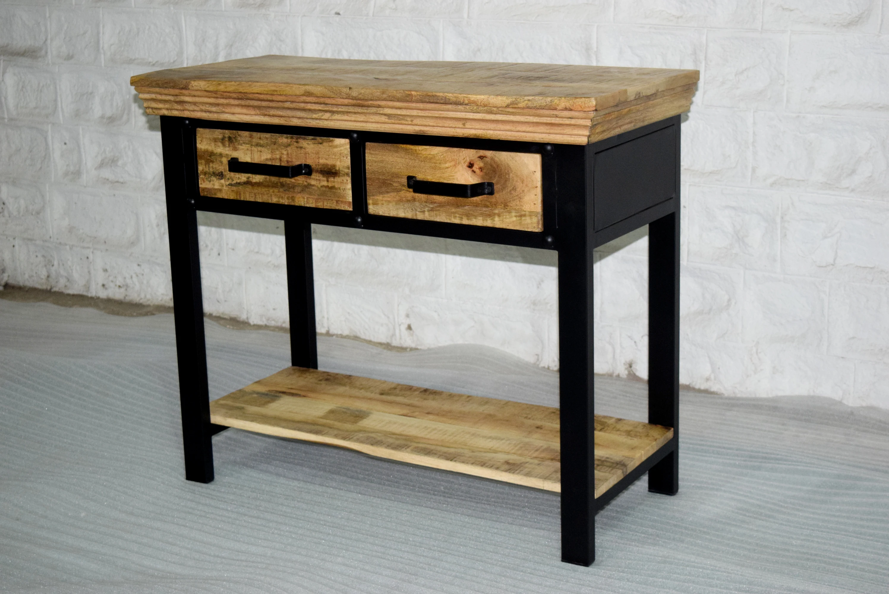Industrial Style Antique Furniture Iron and Wooden Side Console Tables with Two Storage Drawer for Home Living Room