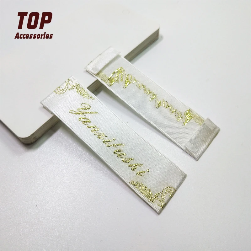 Cheap Custom Logo Damask Woven Neck Label with Golden Silk Thread
