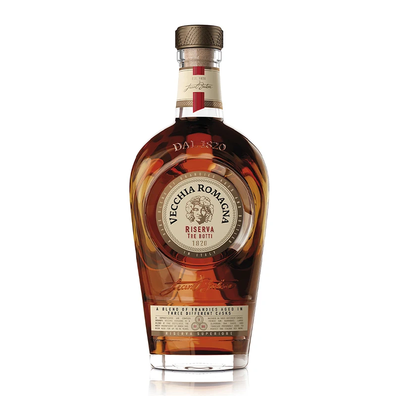 Premium line Top Quality Made in Italy Brandy Vecchia Romagna Riserva Tre Botti Bottle of 70 cl ready for export
