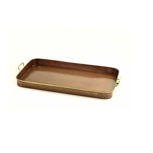 Best Price Custom-Size Copper Hammered Serving Tray with Iron Rectangular Platter TPR Powder Coated Brass Handles Coffee Serving