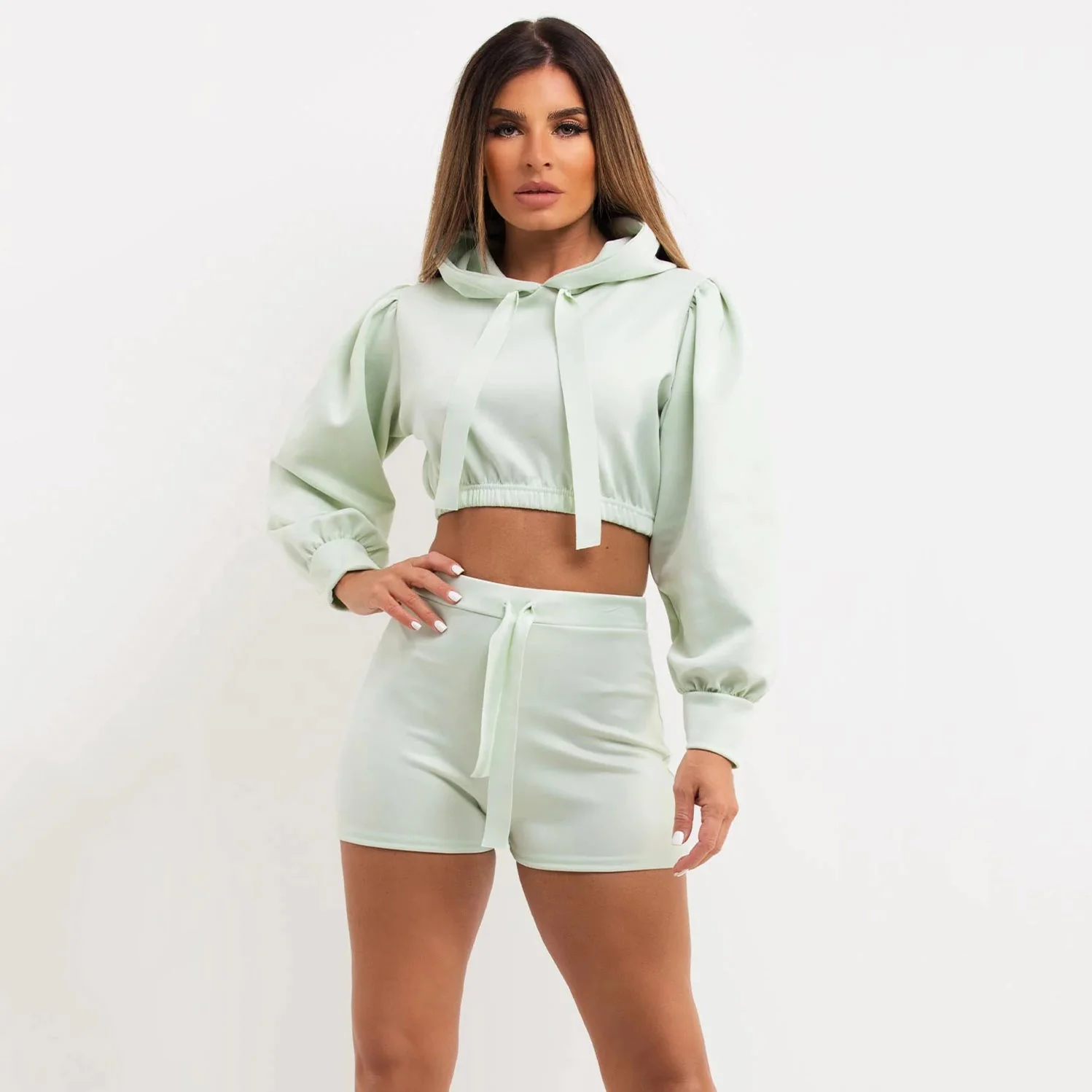 Baby Blue Crop Hoodie And Shorts Set Fashionable Crop Top Hoodies Women Two Piece Set Slim Fit Women Crop Hoodies And Shorts