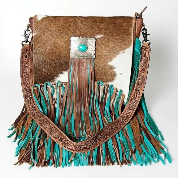 Western Stylish Tooled Leather Women Crossbody Bag With Fringes High Quality Western Genuine Leather Purse Cowgirl Messenger Bag