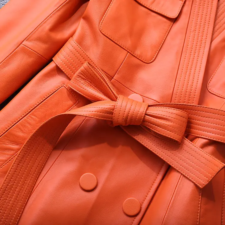 New fashion V-neck double-breasted belt strap trim genuine leather sheepskin long trench coat