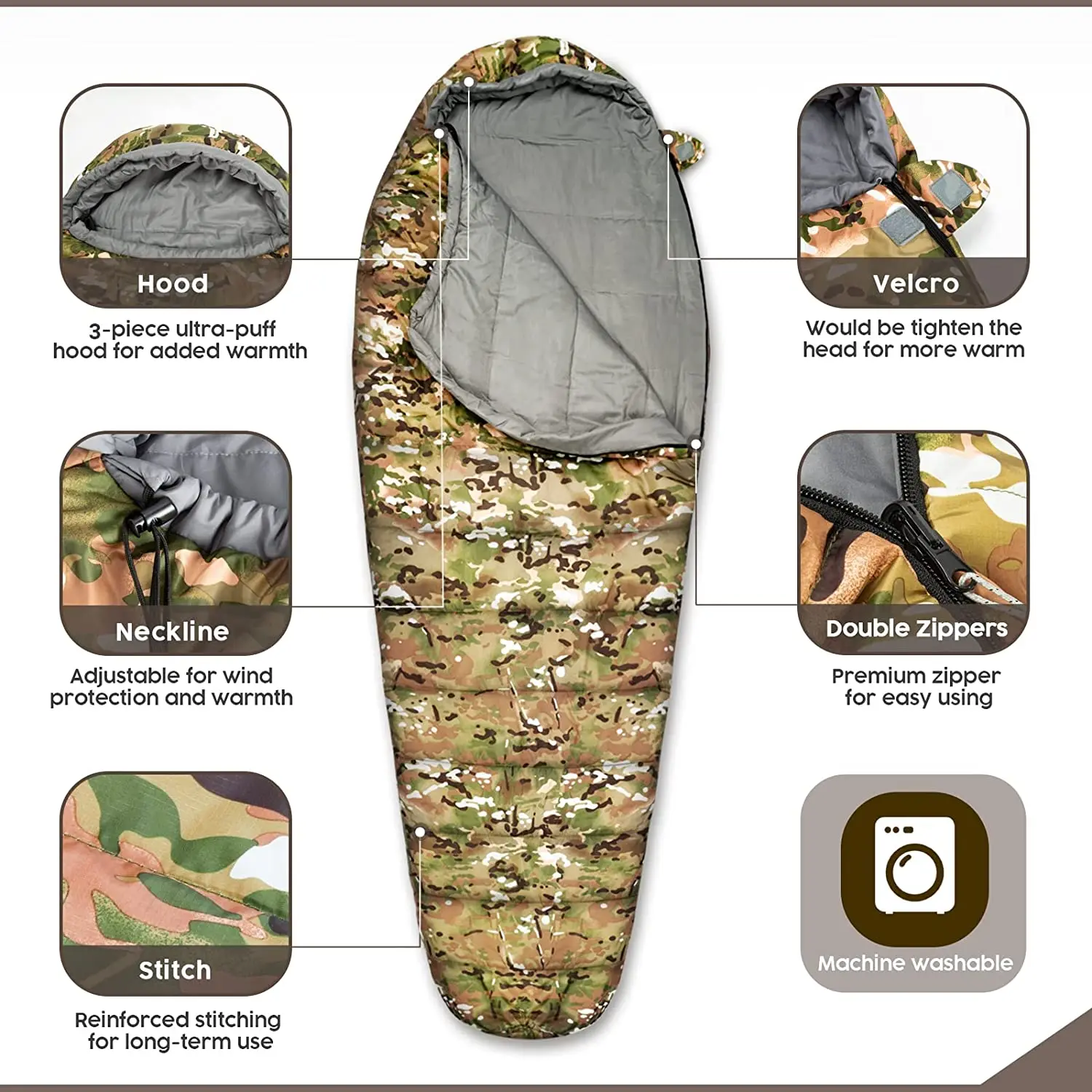 3-4 Season Waterproof Camping Mummy Hiking Cotton Sleeping Bag With Compression Sack Ultralight