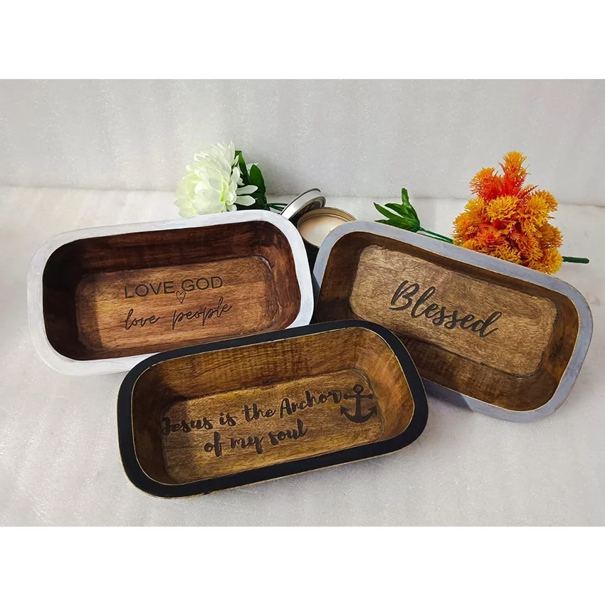 Antique Small Walnut & Grey Prayer Dough Bowl Religious Gifts Farmhouse Rustic Church Centerpiece for Home Decor Serving