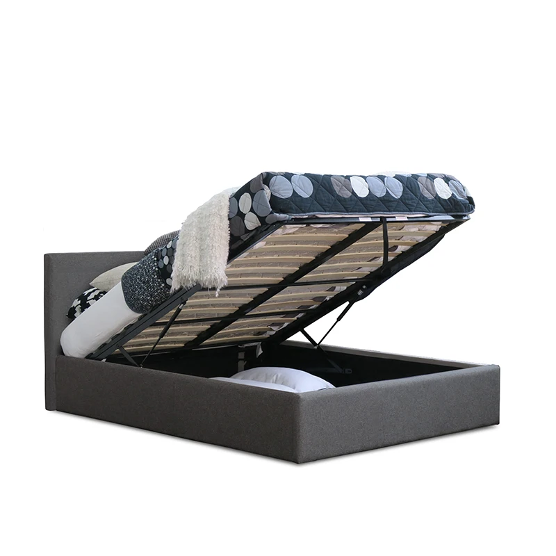 PRADO OTTOMAN Fabric Grey Color Bed Frame with End Open Storage Space Suitable for Dark Theme Interior Design