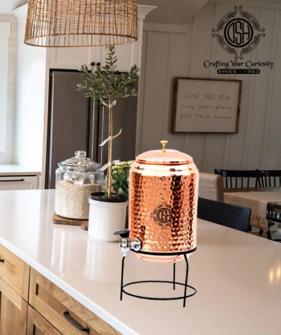 Wholesale Hammered Finished Pure Copper Water Dispenser Drinking Accessories With Glass & Stand Water Capacity 5 LTR Water Tank.