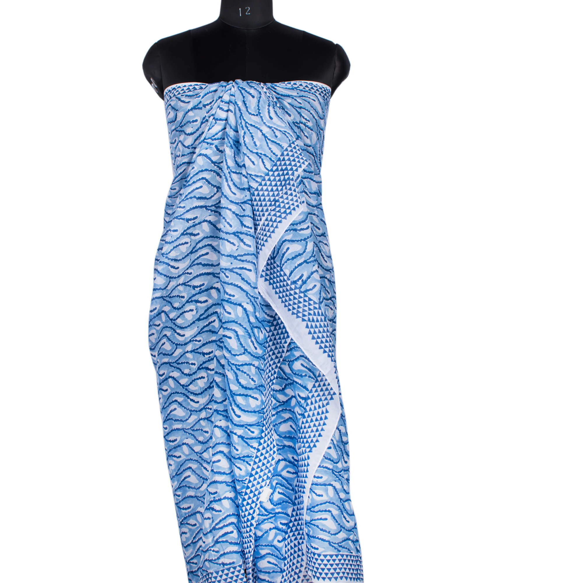 Wholesale Fashion Light Weight Cotton Voile Scarf Indian Hand Block Printed Beach Cover Sarong Sky Blue Pareo Scarves Wholesale