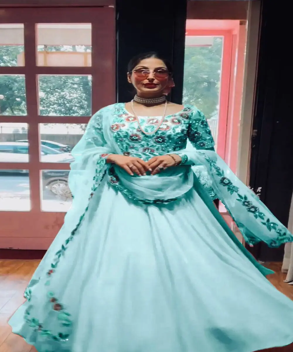 Fabulous festival wear new arrival anarkali flour length long gown with dupatta georgette fabric yellow border regular sleeve