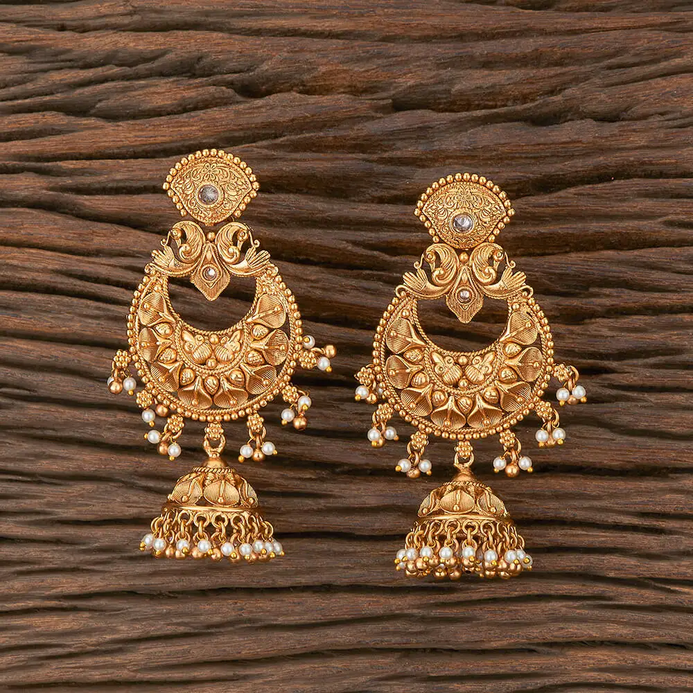 Antique Matte Gold Plated Chand Style Long Jhumki Earring 217280 With Pearls Wholesalers in India