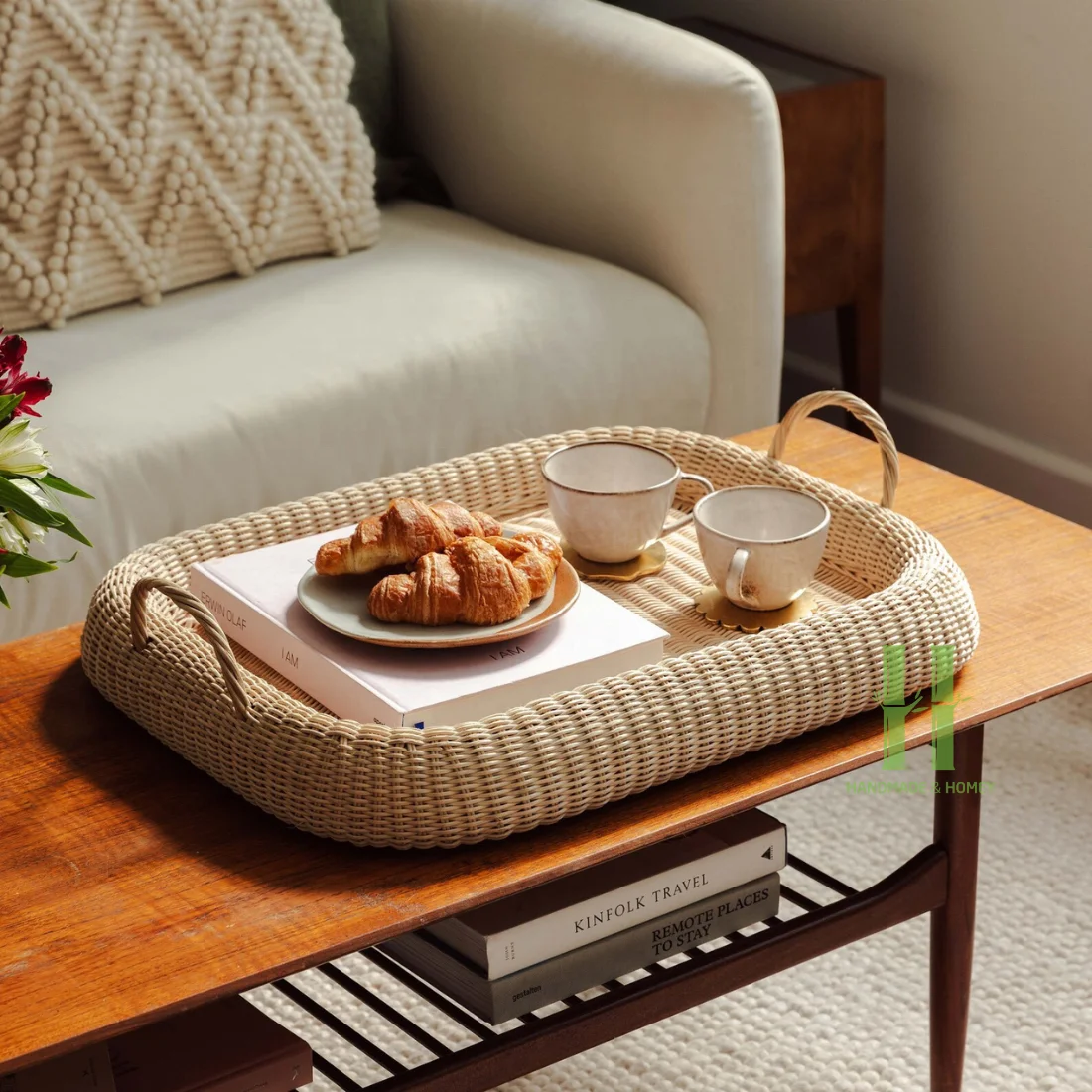 HNH Craft Customized Round Rattan Tray with Stand Natural Wicker Tray for Food Display Rattan Side Table for Living Room Bedroom