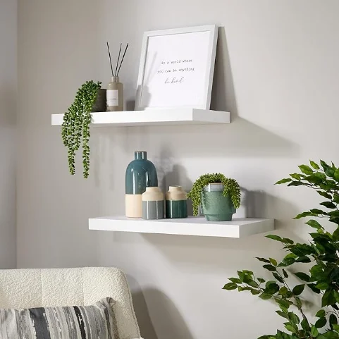 Home Source Living Room Furniture Cloud Pair of 80cm Gloss Floating White Hollowboard with paper finish Wall Shelves
