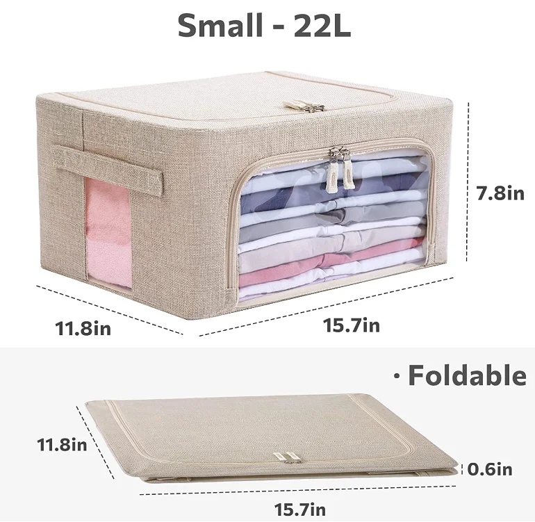 Clothes Storage Bins Box - Foldable Stackable Container Organizer Set with Clear Window & Carry Handles & Metal Frame