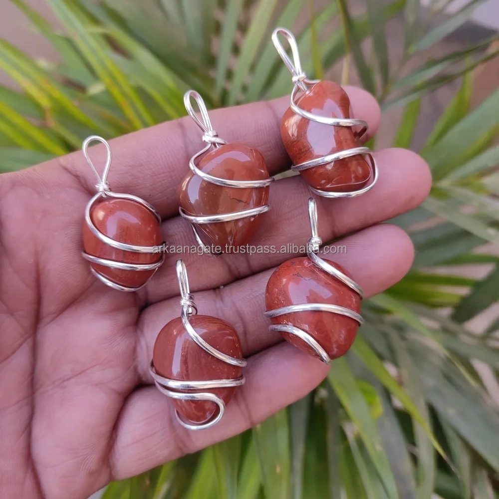 Wholesale Natural Crystal Red Jasper Wire Wrapped Tumble Stone Pendant hand polished hand made sun shine Pendant for sale