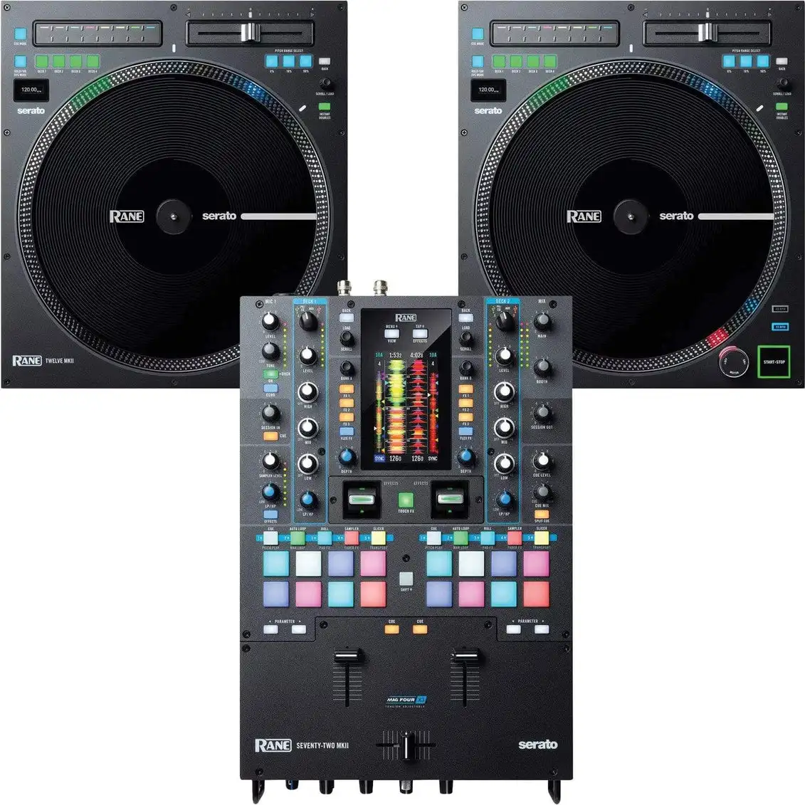 ORIGINAL NEW RA-NE DJ Digital SEVENTY-TWO MKII Mixer and Pair of TWELVE MKII Motorized Vinyl Dj Serato Controllers with Case