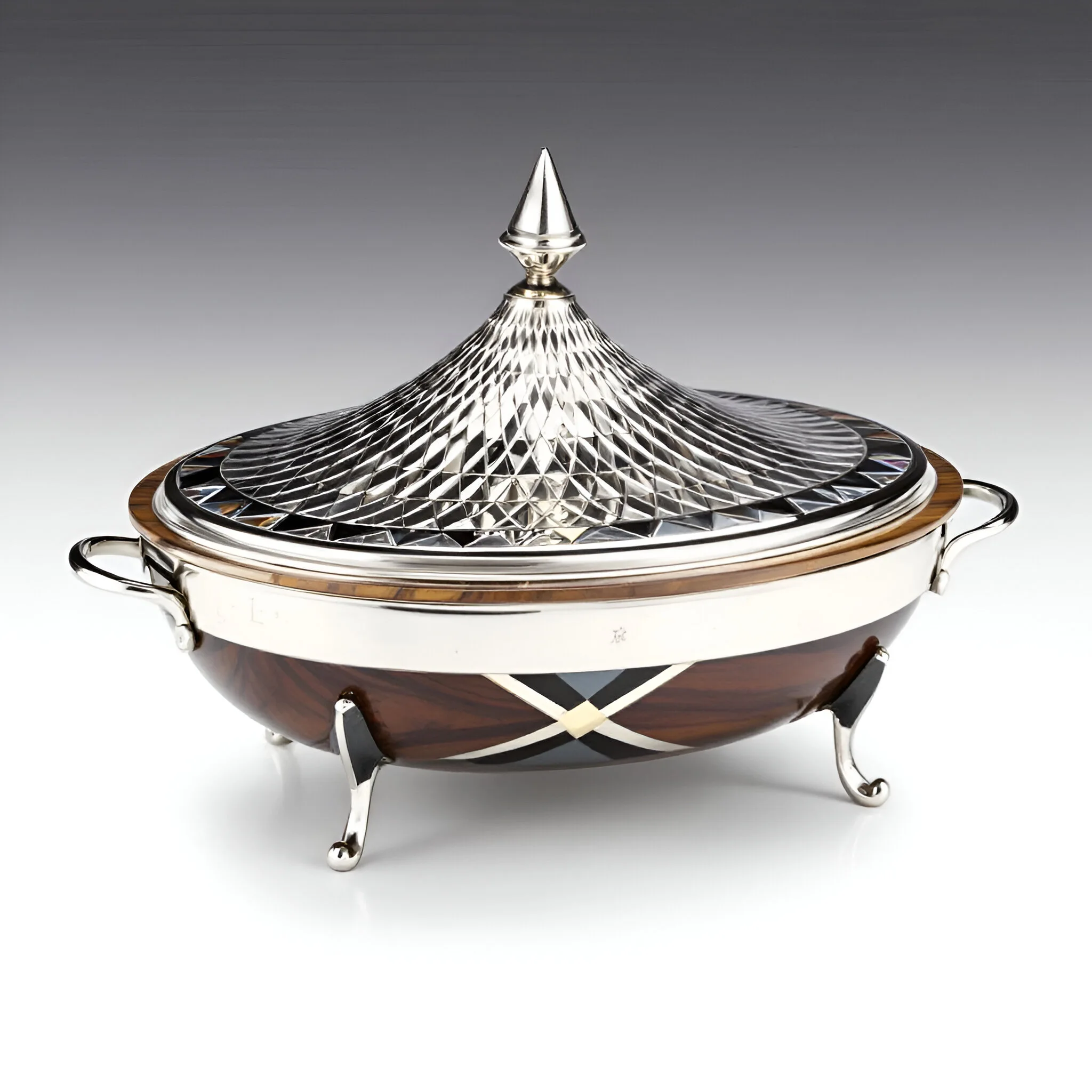 Artisan Elegance Casserole Dish Intricate Wood Inlay & Textured Metal Stainless steel Chafing Dishes with Lid for Stylish Serve