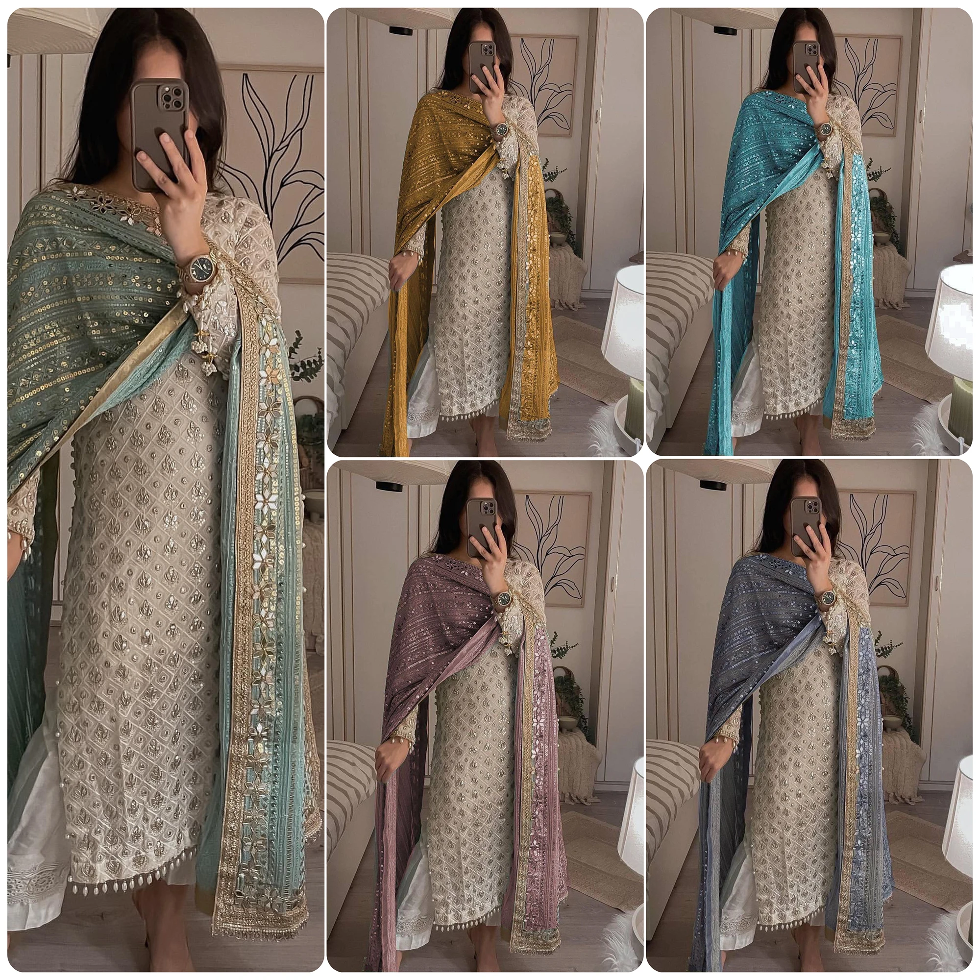 Ladies A-Line Salwar Kameez Floral Satin Swiss Lawn Fabric Indian Pakistani Style Wedding Party Wear Floral Evening Dresses