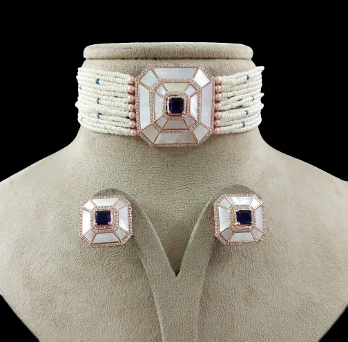 Wholesale Supplier Fashion Women Jewellery Mother Of Pearl Rose Plated Designer Choker Necklace Set