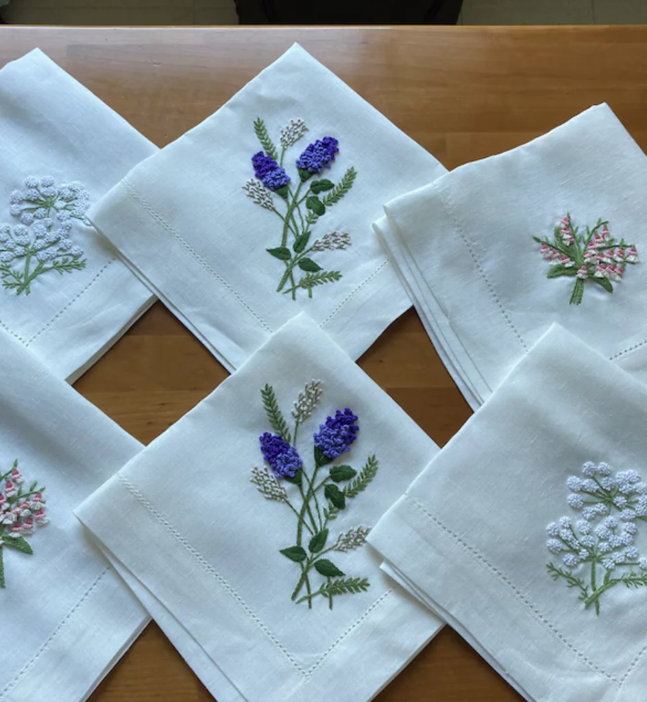 Hand Embroidered Flower Linen Cloth Napkins Set Luxury Wedding Cocktail/Tea Coasters set of 6