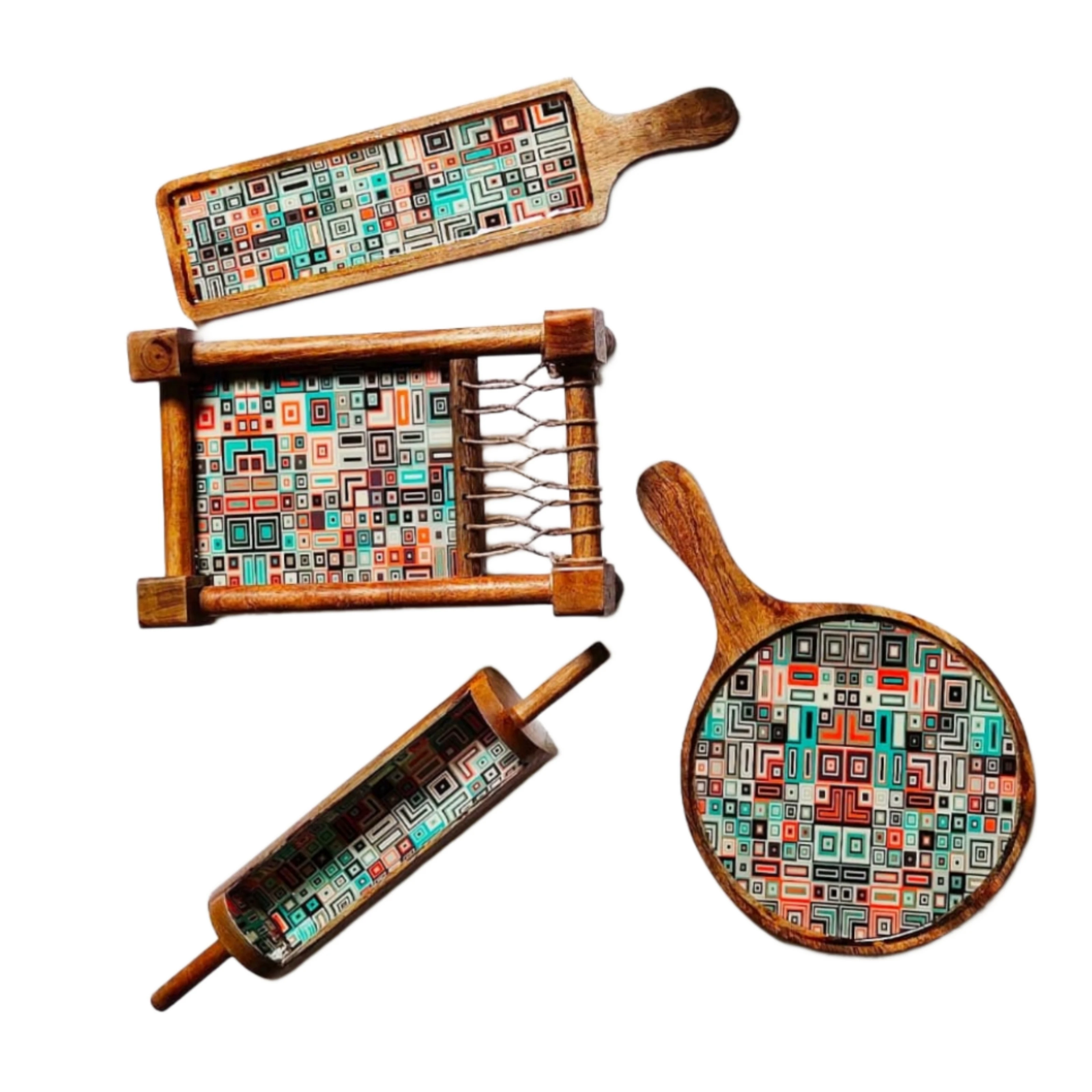 Large Eco-Friendly Wooden Khatiya Platter Set round Ins Design Plates and Dishes for Food and Presentations