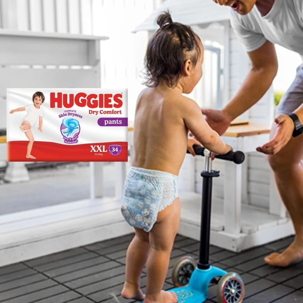 Полная сухость кожи сухие брюки X-pert технологии Huggies сухой Комфорт Подгузники Размер XXL 34 для младенцев