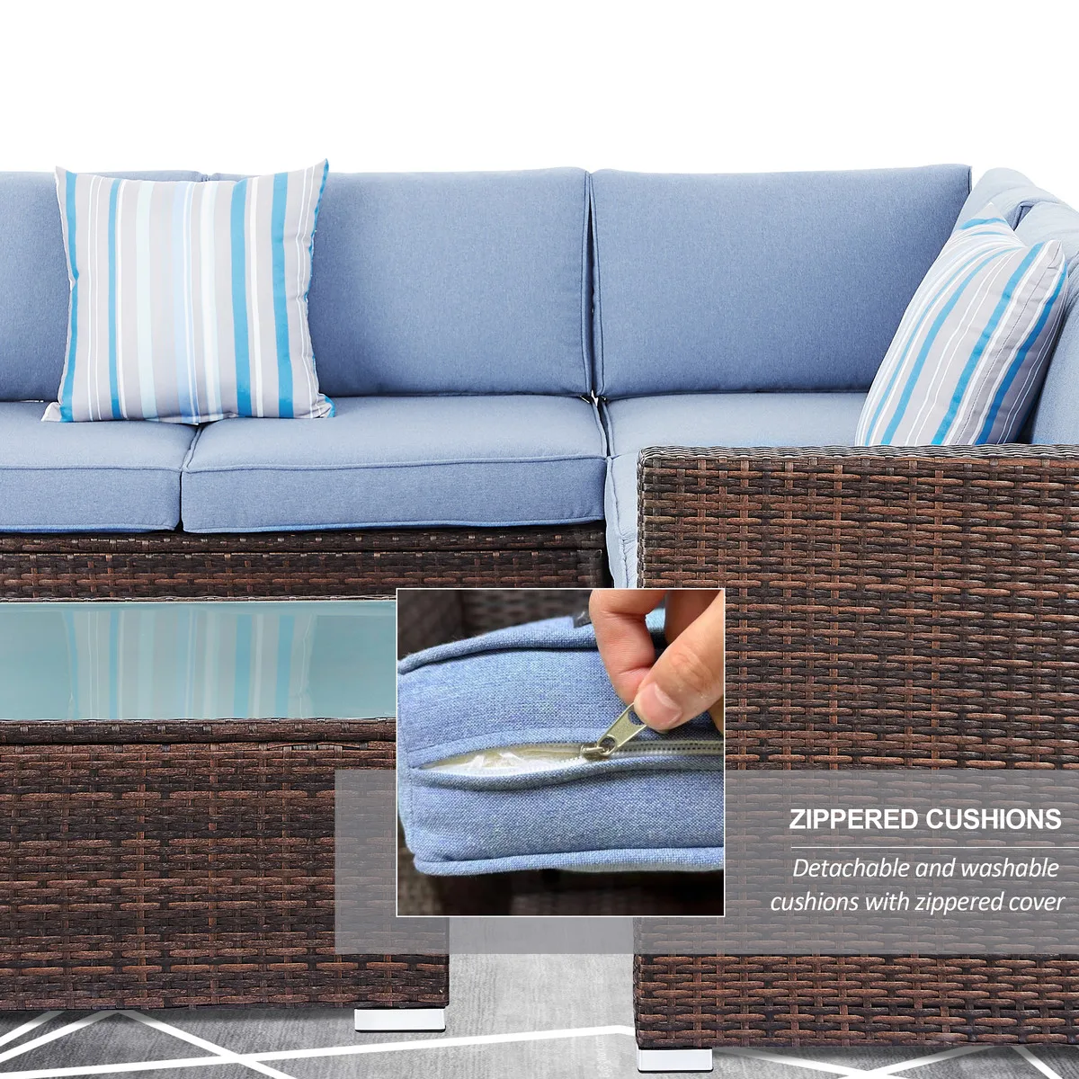 All-Weather Wicker Outdoor Furniture Warm Brown Patio Sectional Sofa with Thick Cushions Glass-Top Coffee Table Parks Courtyards