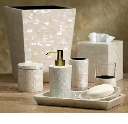 Mother of Pearl Bathroom accessories Tray Box Vase Dispenser Mother of pearl accessories set for Bathroom or washroom use