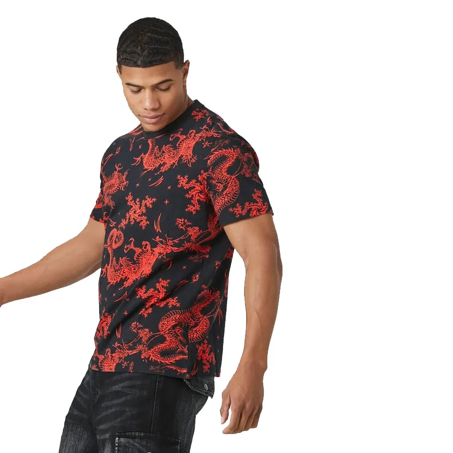 Most Demanding Men Fitted Black Casual T Shirt With Red Dragon Prints All Over And O Neck For Sale In Cheap Rates